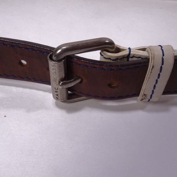 Marc Jacobs Colorblock Thin Leather Belt Tan White Navy Sz S/M - Picture 4 of 15